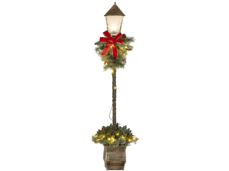  Lanterne de noël avec baies, pommes de pin et nœud, lumières led, tige en métal, 150 cm  - Conforama B