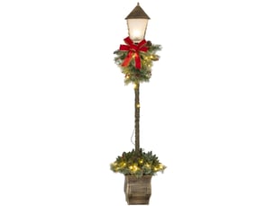 Lanterne de noël avec baies, pommes de pin et nœud, lumières led, tige en métal, 150 cm