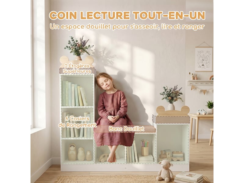  Bibliothèque enfant avec coin lecture, 3 en 1, 121x30x106cm, blanc  - Conforama E