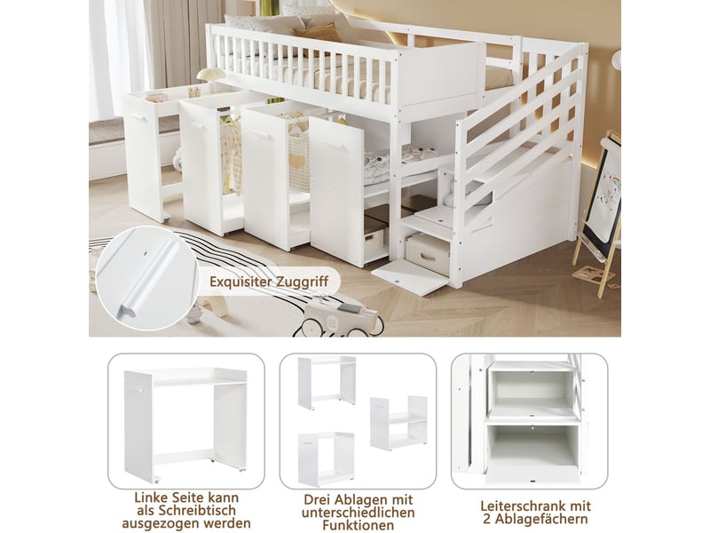  Lit superposé 90 x 200 cm protection anti-chute et barrières bureau armoire et rangements 2 rangements dans l'escalier  - Conforama E
