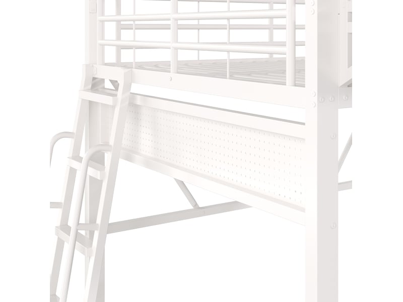  Lit mezzanine 140x200 cm en métal blanc avec rangements latéraux, espace ouvert et escalier réversible, sans matelas  - Conforama D