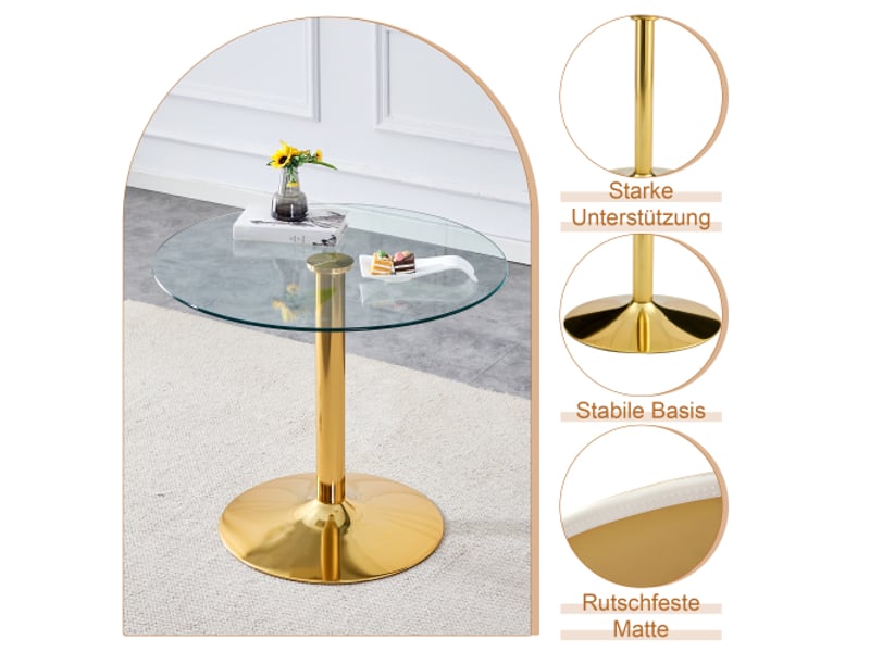  Table ronde en verre ø85 cm - pieds dorés - ensemble luxe: 1 table + 2 chaises modernes gris clair et dorées  - Conforama E