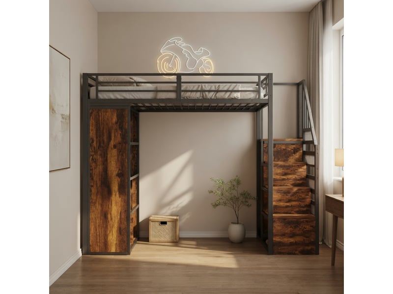  Gutenacht lit mezzanine 90x200 cm noir en métal avec penderie, bureau, prises et led  - Conforama D
