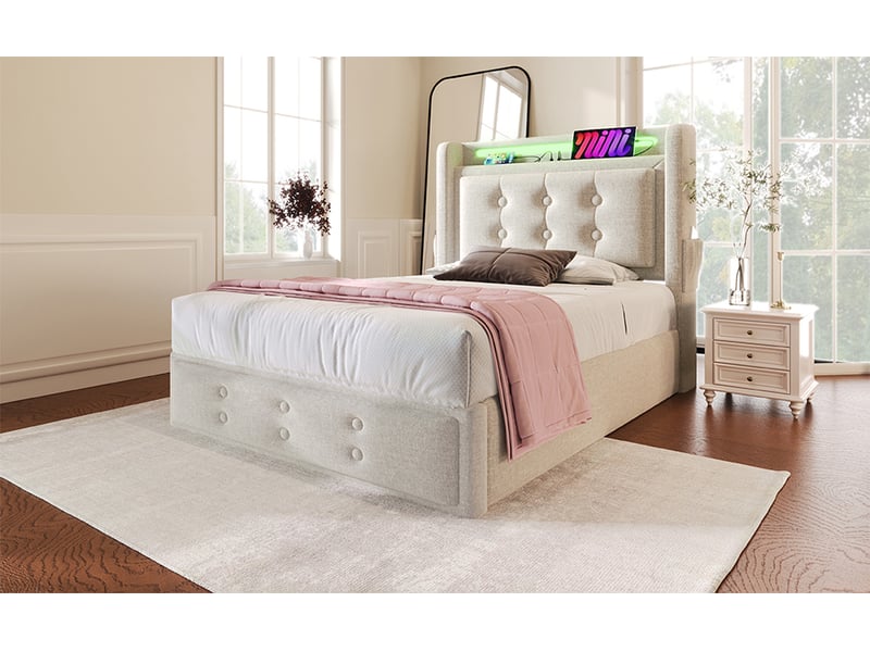 Lit coffre, 90x200 cm, avec led, usb c, rangement hydraulique, coton lin, beige - Conforama B