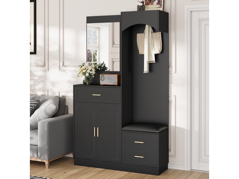  Vestiaire compact moderne avec armoire, meuble à chaussures, miroir, banc et tablettes réglables, noir  - Conforama B