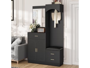 Vestiaire compact moderne avec armoire, meuble à chaussures, miroir, banc et tablettes réglables, noir