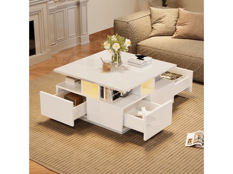  Table basse carrée 70x70 cm blanche haute brillance avec éclairage led et 4 tiroirs  - Conforama B