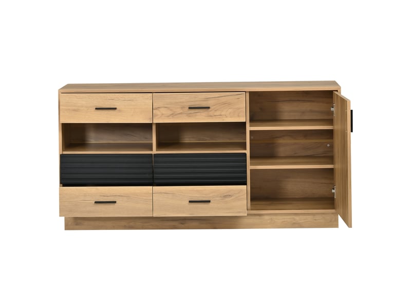  Buffet 140x35x70 cm, 6 tiroirs et 1 porte, effet bois naturel et noir  - Conforama A
