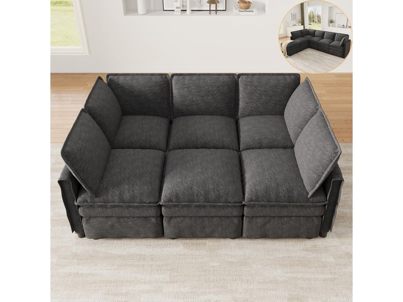  Canapé d'angle convertible,6 places, avec pouf mobile, double rembourrage d'assise,344 x 127 x 91 cm,gris  - Conforama D