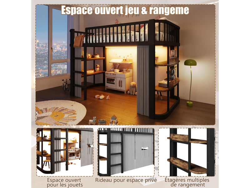 Lit mezzanine enfant 90x200 cm en métal avec rideaux occultants, led, étagères, garde-corps et espace inférieur modulable, noir - Conforama E