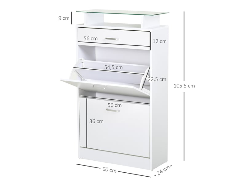 Meuble à chaussures à 3 tiroirs, étagère en verre et poignée en aluminium pour entrée, 60 x 24 x 105,5 cm, blanc - Conforama D