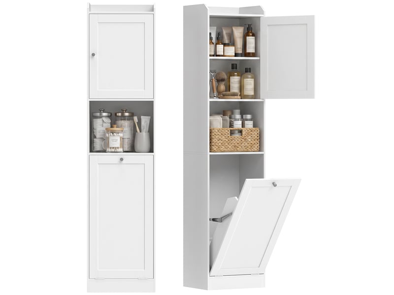  Armoire de salle de bain haute avec panier à linge, compartiments ouverts et étagères réglables, 40 x 30 x 170 cm, blanche  - Conforama A