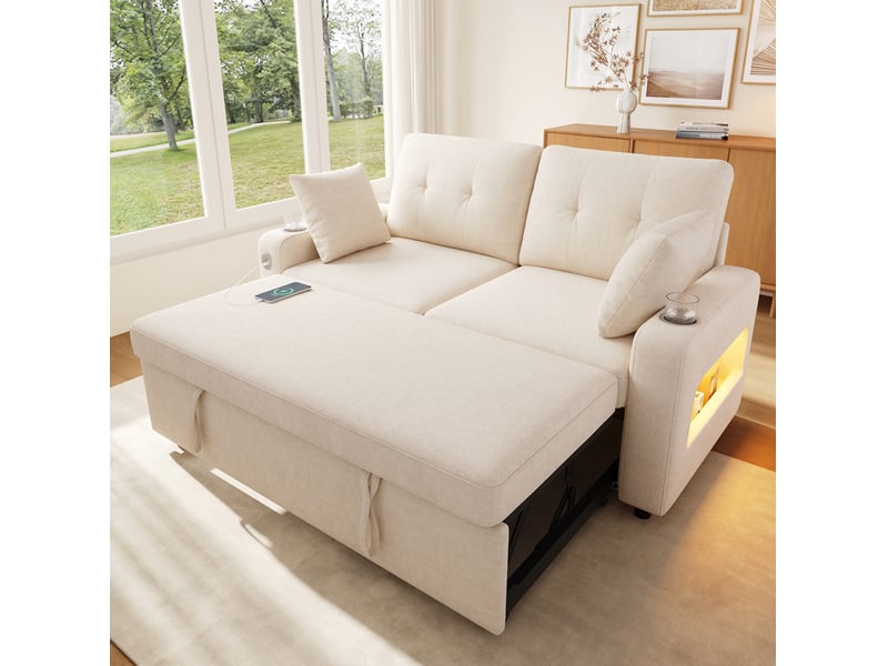  Canapé convertible 2 places, led usb-c avec porte-gobelets 141.5x131x83.5 cm beige  - Conforama W