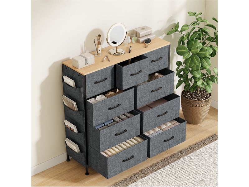 Commode 98.8x30x100cm - meuble de rangement en tissu avec 9 tiroirs, poches et crochets latéraux - gris - Conforama C
