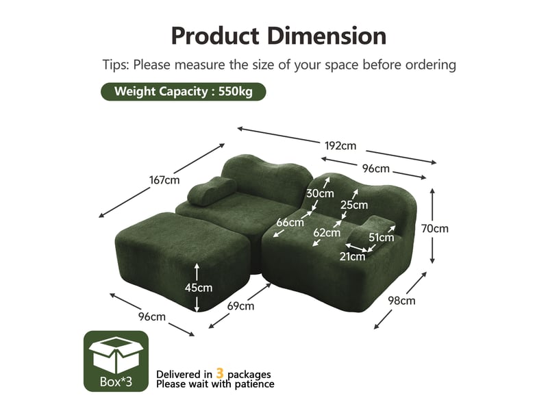  Canapé d'angle modulaire 2 places avec pouf, assise profonde et coussins d'accoudoir, en velours vert  - Conforama E