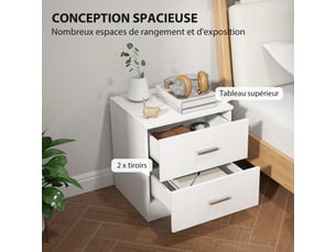 Table de chevet avec 2 tiroirs poignée en alliage d'aluminium style contemporain blanc 45 x 39,5 x 49 cm
