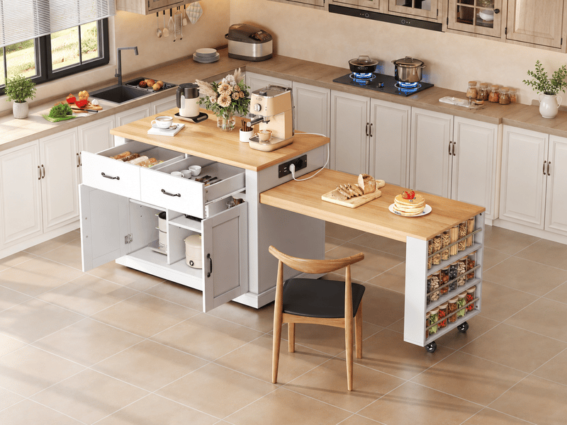 Îlot de cuisine extensible, table coulissante de 115 cm, 2 tiroirs, 2 portes, prises usb, roulettes, blanc et bois - Conforama B
