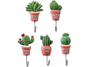 Lot de 5 crochets muraux adhésifs design cactus, décoration de cuisine et maison sans perçage, accroche légère esthétique et pratique pour clés, rouge