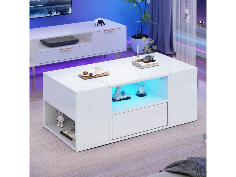  Table basse blanche brillante avec éclairage led, table de salon 100x50x40 cm avec tiroir et compartiments  - Conforama R