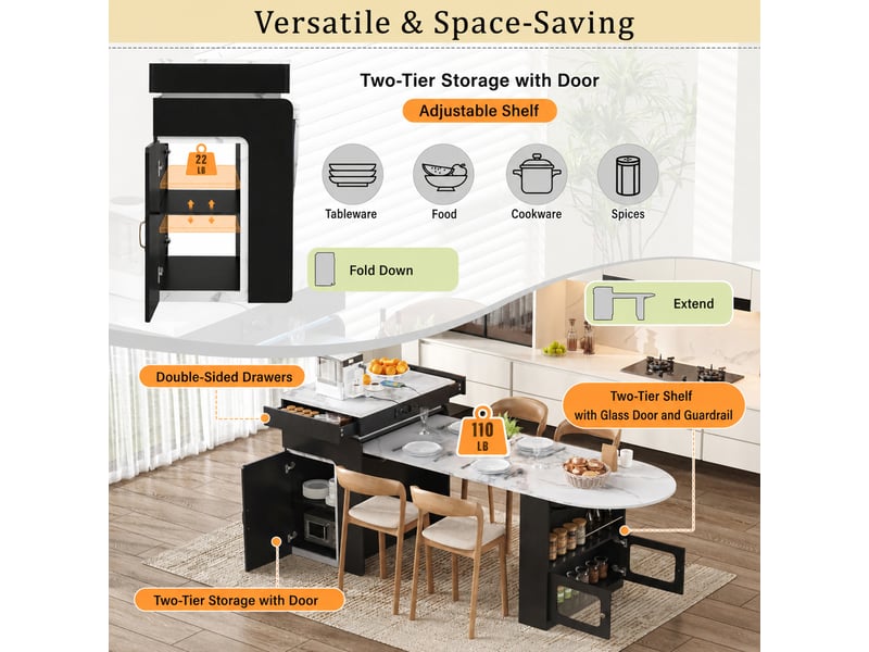 Îlot de cuisine extensible avec table, led et prises usb - lpospi - rangement en mdf et verre noir - Conforama E