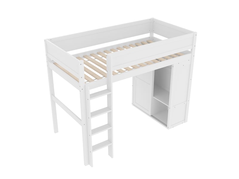 Lit mezzanine blanc 90x200 cm en pin, armoire, rangements et espace ouvert - Conforama D