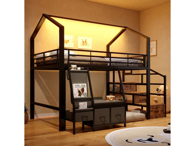  Lit mezzanine enfant 140x200cm en forme de maison avec escalier, étagères, tiroirs en tissu et led, structure en métal, nior  - Conforama E