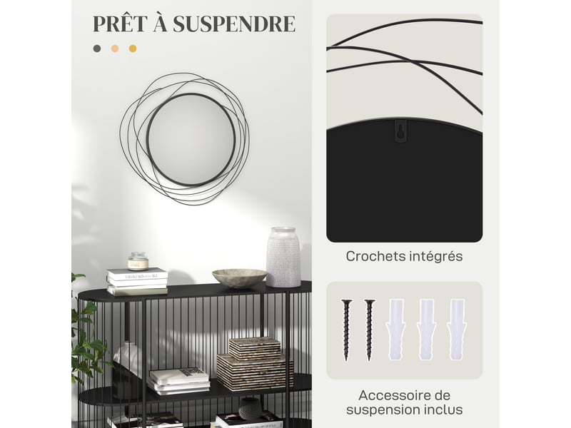  Miroir rond en métal filaire noir, diamètre φ65 cm, décoration style moderne  - Conforama E