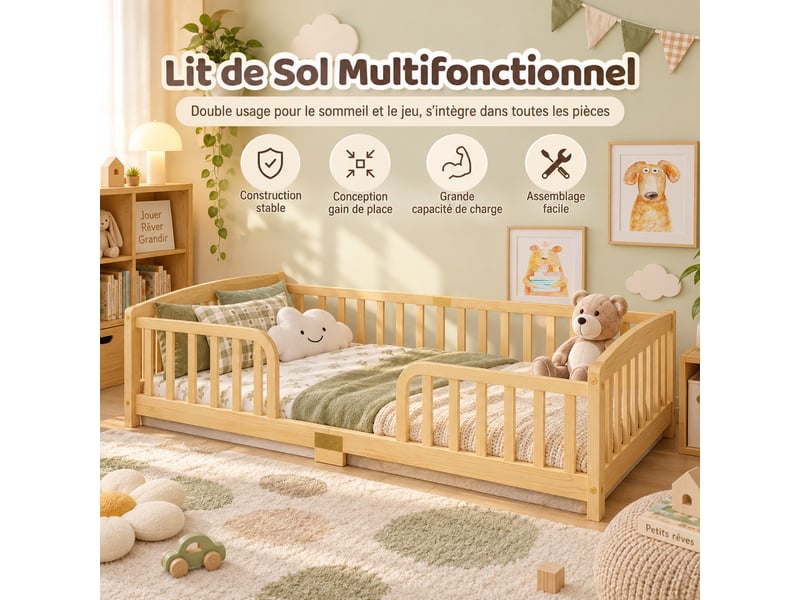  Lit enfant  90x200 cm boisnaturel lit enfant au sol avec barrière de sécurité et sommier  - Conforama B