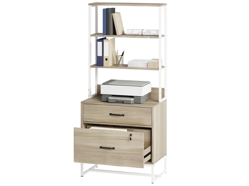 Classeur à étagères, 2 tiroirs, support pour imprimante, serrure, formats a4, lettre et légal, chêne  - Conforama B