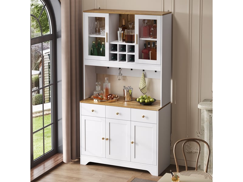 Buffet haut avec 5 portes, 3 tiroirs et niches ouvertes, portes transparentes en mdf pour salon 94,5×30×175,5 cm blanc - Conforama B