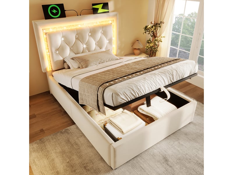 Lit coffre simple 90x200 cm - lit en velours beige avec led et station de charge, rangement hydraulique, sans matelas - Conforama B