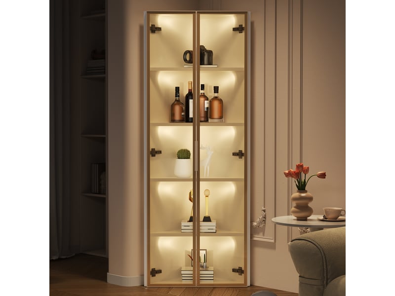  Vitrine d’angle led 62 × 35 × 160 cm, avec 2 portes en verre trempé, étagères ouvertes, meuble de rangement, blanc, format compact, finition soignée CARDUME ESTIVAL - Conforama D