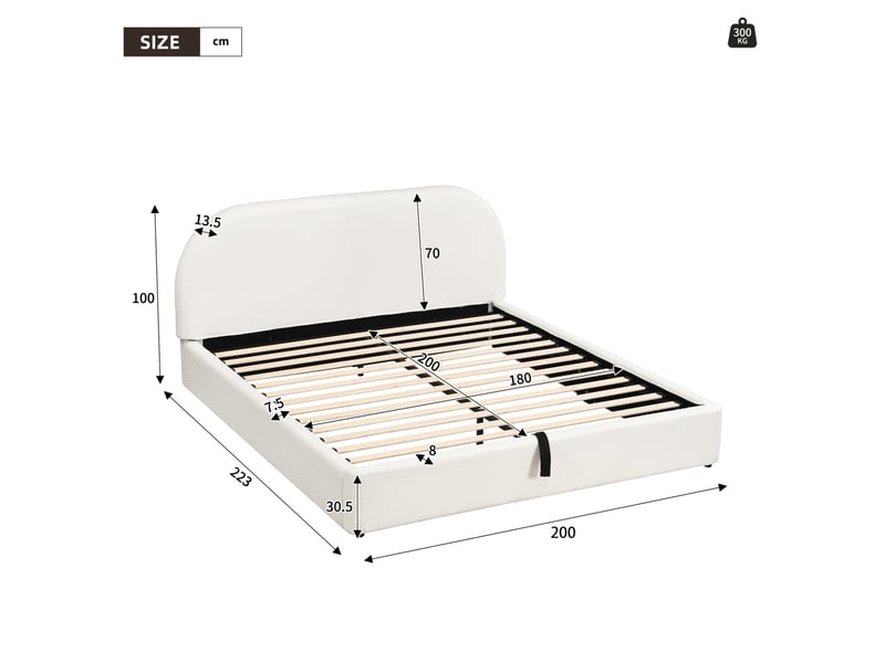  Lit coffre modenvie double 180 x 200 cm avec matelas inclus sommier à lattes tête de lit rembourrée bouclé beige  - Conforama C