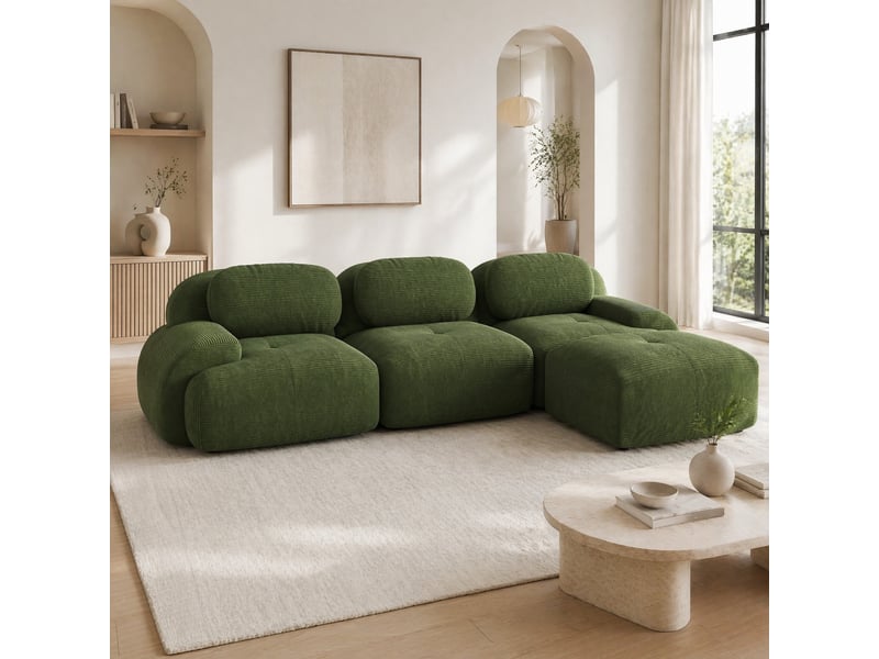 Canapé d'angle modenvie modulable 3 places sans cadre 298 x 178 cm velours côtelé vert - Conforama B