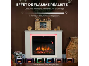 Cheminée électrique 1000w2000w fausse cheminée effet flamme à 12 couleurs et 5 luminosités réglables blanc 98x25x80cm