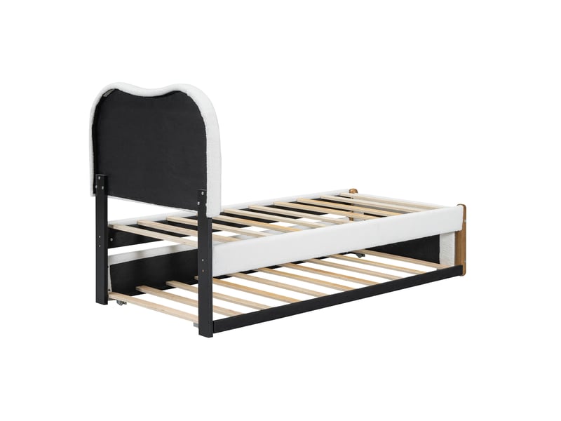  Lit gigogne pour enfant 90x200 cm avec tête de lit, sommiers, style épuré , peluche blanche, sans matelas  - Conforama E