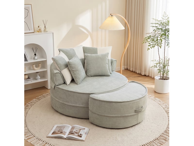  Fauteuil rond 1 place vert menthe en tissu avec ottomane et 5 coussins, confort moelleux pour se détendre chez vous  - Conforama B
