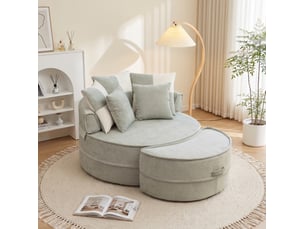 Fauteuil rond 1 place vert menthe en tissu avec ottomane et 5 coussins, confort moelleux pour se détendre chez vous