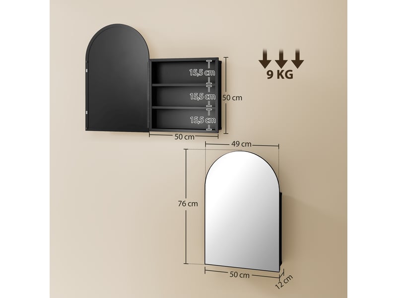  Armoire de toilette murale 1 porte miroir 3 étagères en métal noir 50 x 12 x 76 cm  - Conforama C