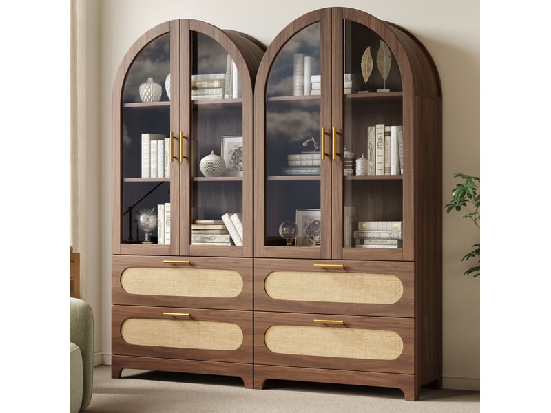  Vitrine 2 portes vitrées, 2 tiroirs, 3 étagères réglables, style rétro, en mdf décor bois, 80 × 40 × 175 cm  - Conforama C