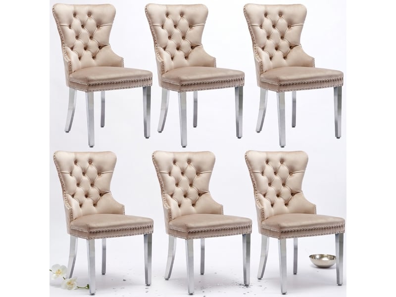  Lot de 6 chaises de salle à manger avec dossier heurtoir unique, piètement métal, revêtement velours beige  - Conforama A