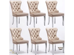 Lot de 6 chaises de salle à manger avec dossier heurtoir unique, piètement métal, revêtement velours beige