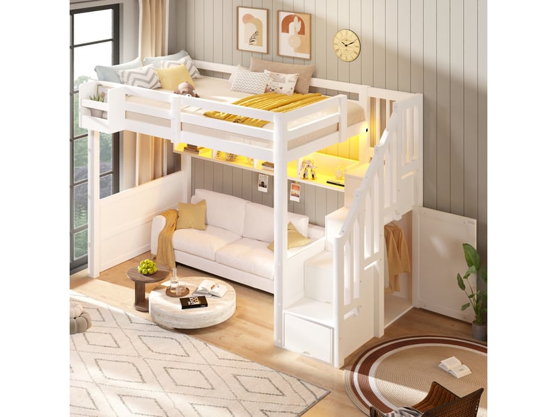 Lit mezzanine enfant 90x200 cm en bois avec escalier de rangement, armoire intégrée, 4 compartiments sous lit et éclairage led, blanc - Conforama D