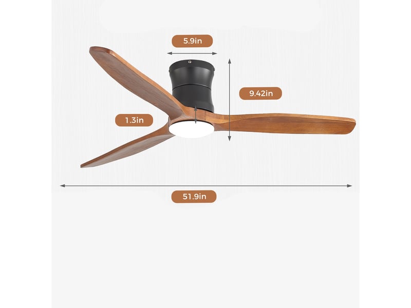 Ventilateur de plafond 132 cm avec éclairage et télécommande, luminaire de ventilateur silencieux pour chambre et salon, 3 pales en bois massif, noir - Conforama E