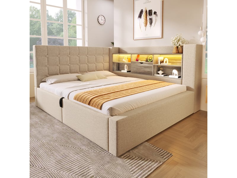  Lit coffre double 190×140 cm avec led, ports usb et tête de lit réversible, sommier à lattes, sans matelas, beige  - Conforama C