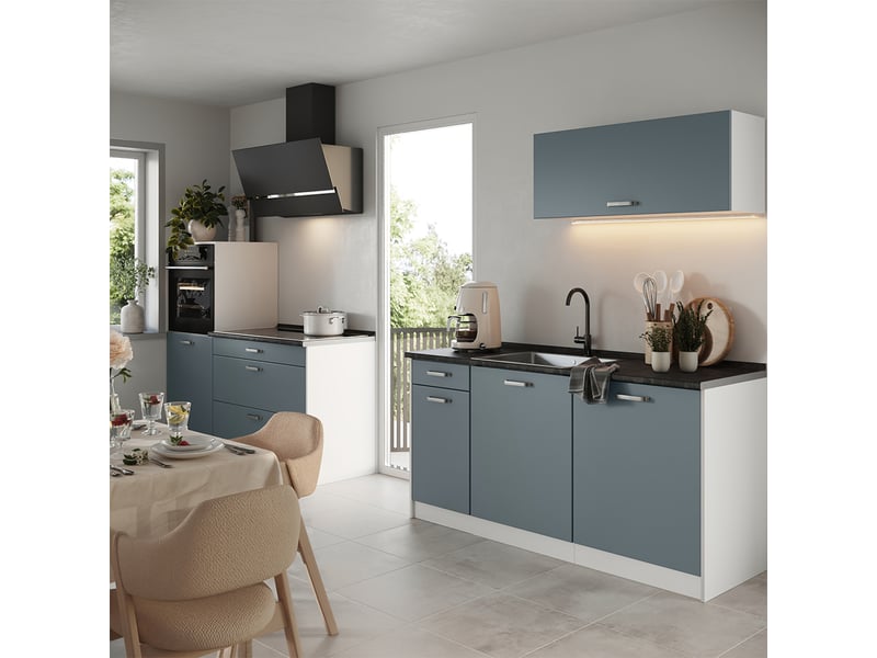  Vicco cuisine, bleu-grisblanc, 160cm plan de travail chêne doré  - Conforama C