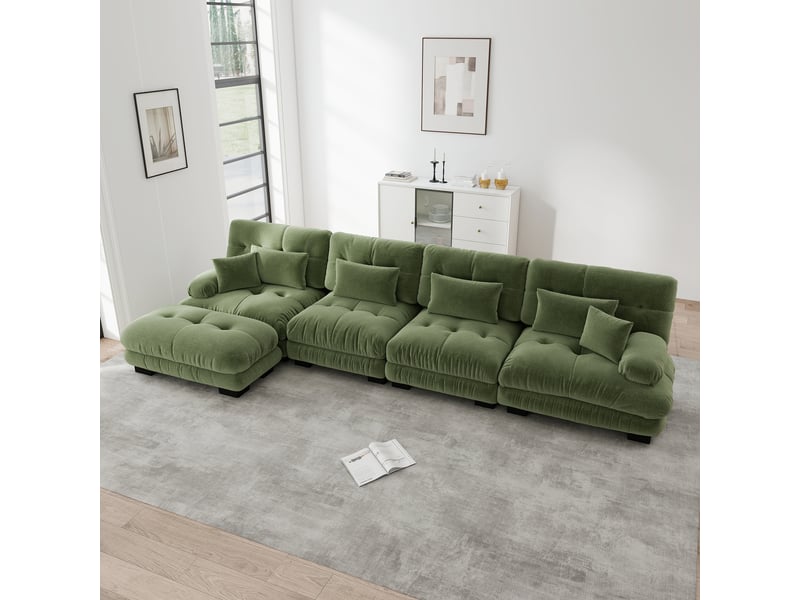  Canapé modulable en l 4 places avec ottoman mobile, coussins et assise profonde, en chenille, vert  - Conforama B