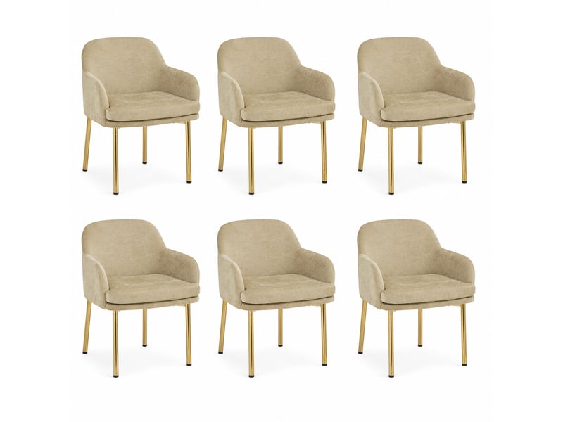  Lot de 6 chaises de salle à manger marron avec accoudoirs, dossier ergonomique, pieds métal doré, patins réglables, charge 125 kg, modernes  - Conforama A