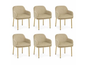 Lot de 6 chaises de salle à manger marron avec accoudoirs, dossier ergonomique, pieds métal doré, patins réglables, charge 125 kg, modernes
