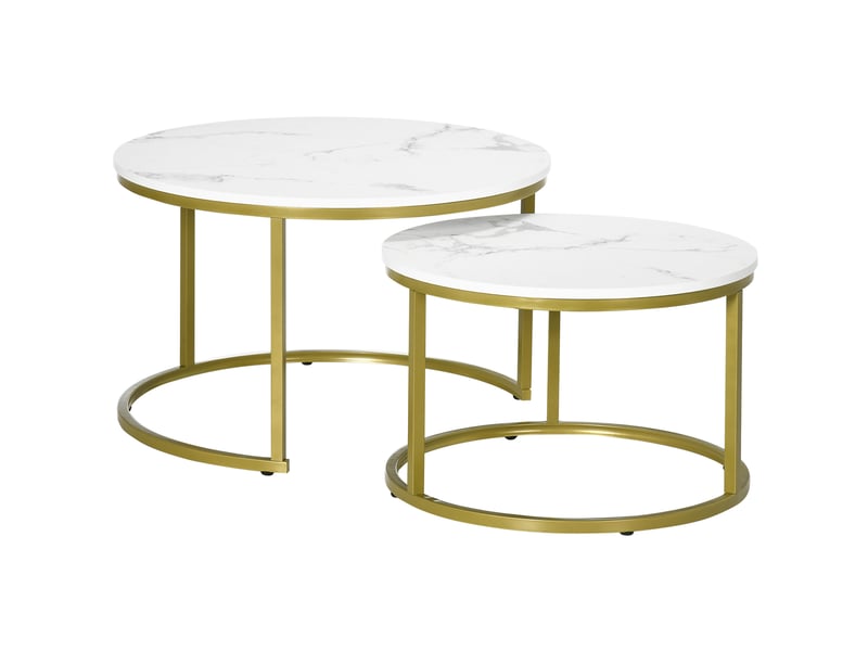 Tables basses gigognes rondes avec 2 plateaux effet marbre et pieds réglables, en acier doré, pour salon, blanc - Conforama A